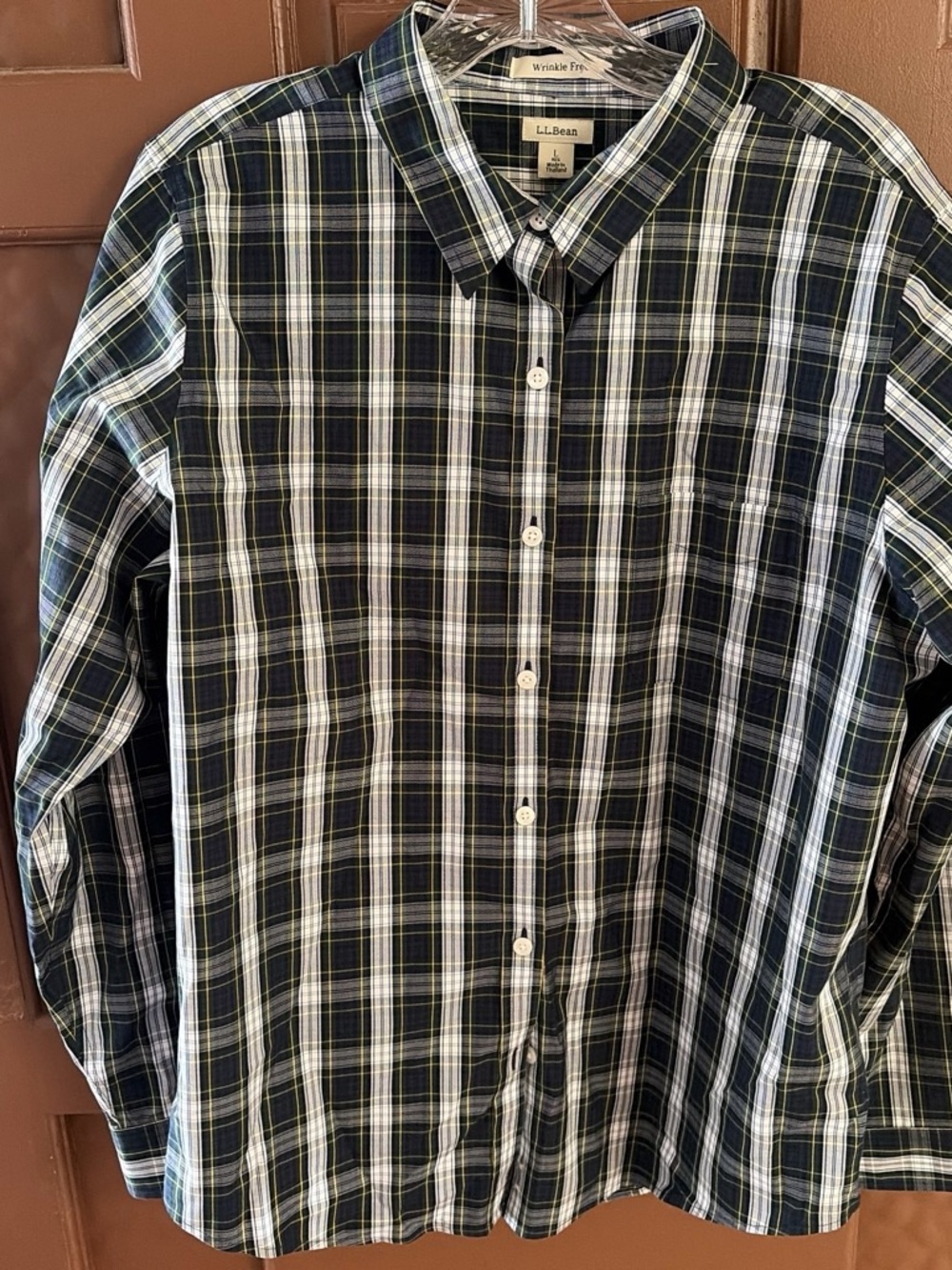 L.L. Bean Men’s Navy, Green and White Plaid Button-Down Shirt